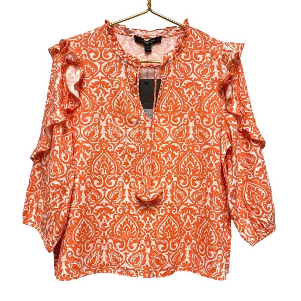 Andrew Marc New York Linen Ruffle Boho Top Sz Small Tigerlily Orange 3/4 Sleeve